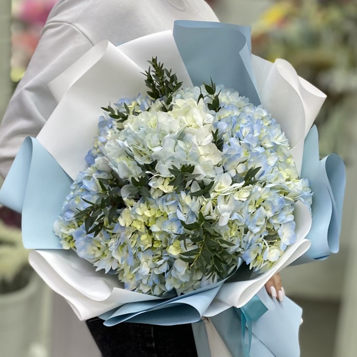 7 голубых гортензий с эвкалиптом