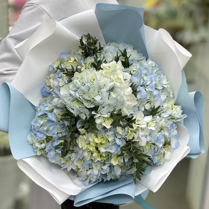 7 голубых гортензий с эвкалиптом