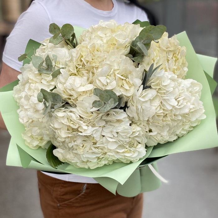 7 гортензий Вайт глиттер с эвкалиптом