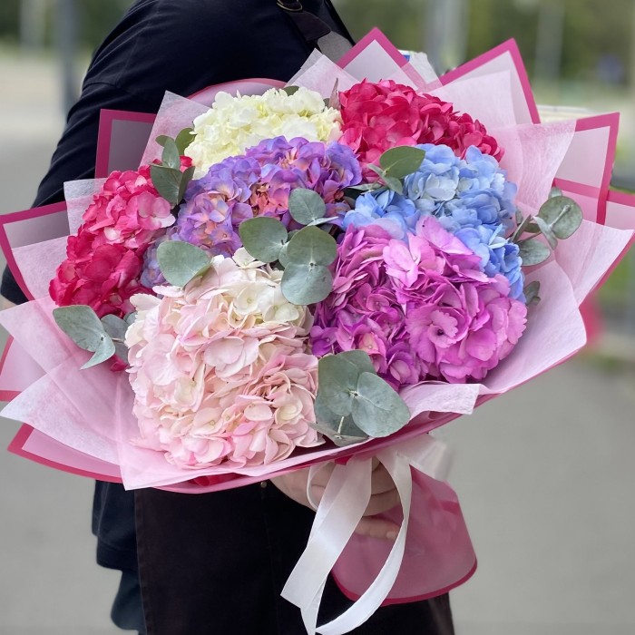 7 гортензий Яркий микс с эвкалиптом