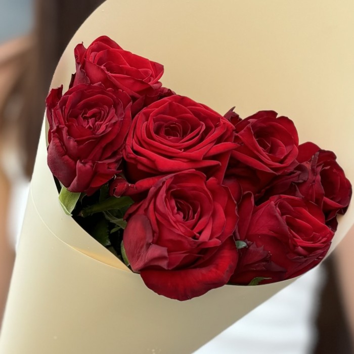 7 красных роз 60 см