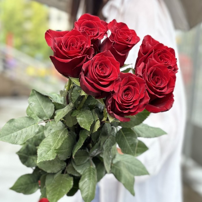 7 красных роз Эксплорер 80 см