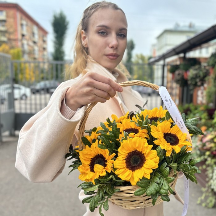 7 подсолнухов в корзине