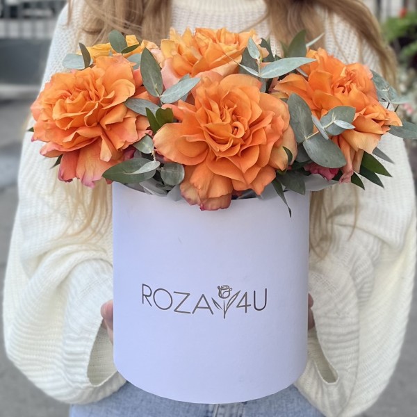 7 пышных роз Фри Спирит с эвкалиптом в коробке