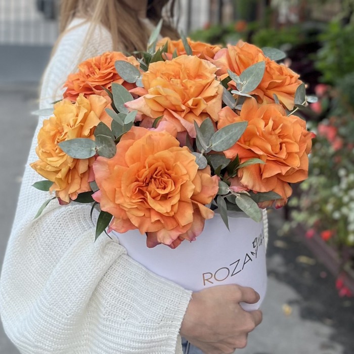 7 пышных роз Фри Спирит с эвкалиптом в коробке