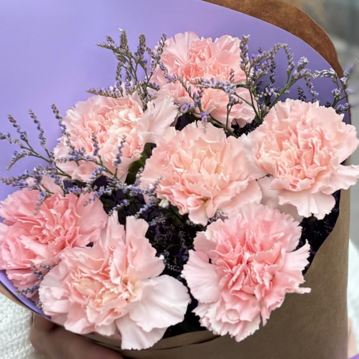 7 светло-розовых гвоздик с лимониумом