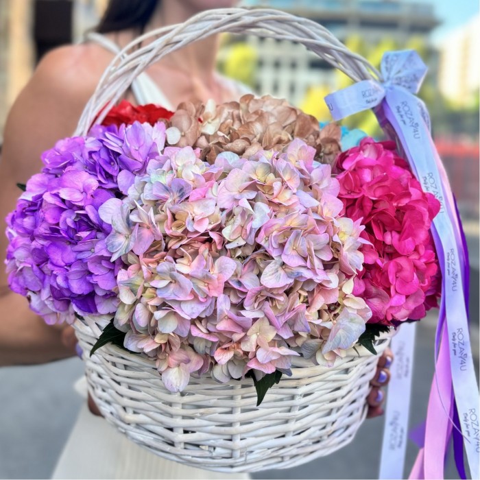 7 ярких гортензий в корзине