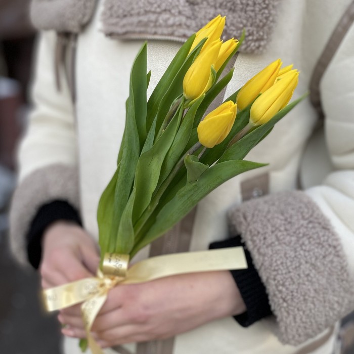 7 желтых тюльпанов с лентой