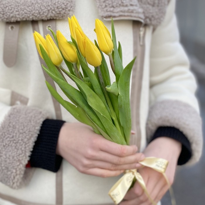 7 желтых тюльпанов с лентой