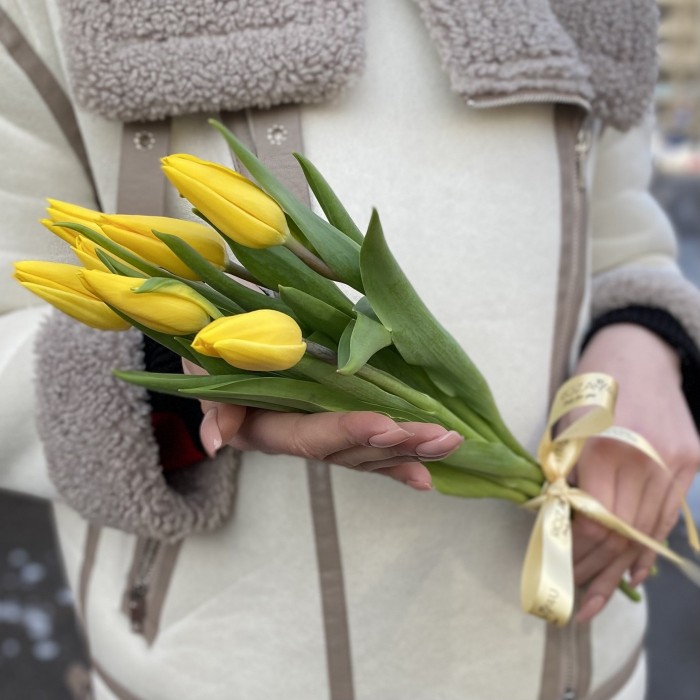 7 желтых тюльпанов с лентой
