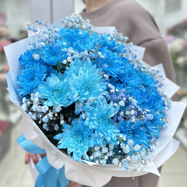 9 синих кустовых хризантем Балтика с гипсофилой
