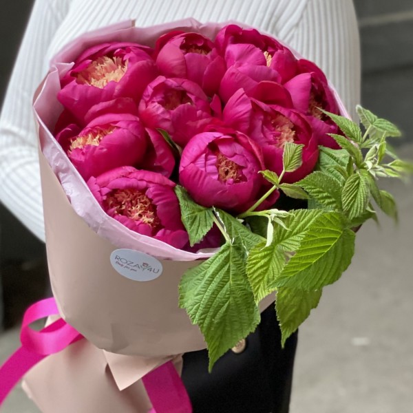 9 пионов тëмно-малиновых Вайт Кеп с малиной