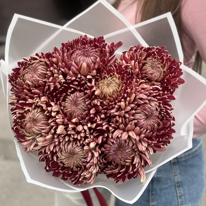 9 бордовых хризантем