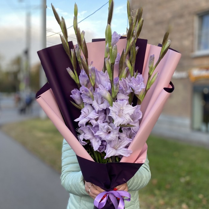 9 фиолетовых гладиолусов