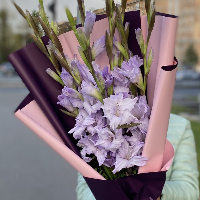 9 фиолетовых гладиолусов