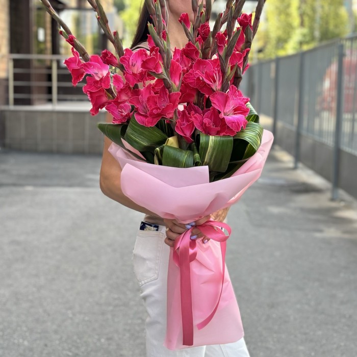 9 малиновых гладиолусов в упаковке