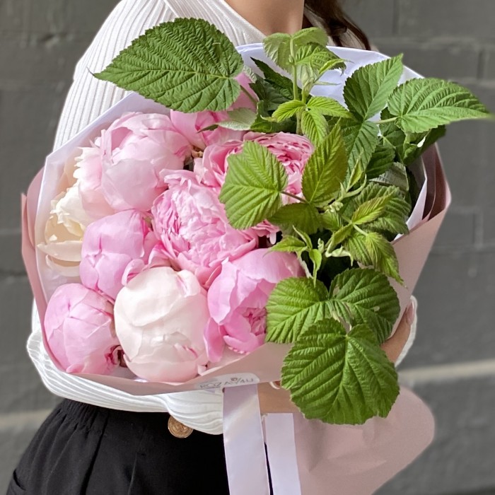 Букет из 9 белых и розовых пионов Сара Бернар