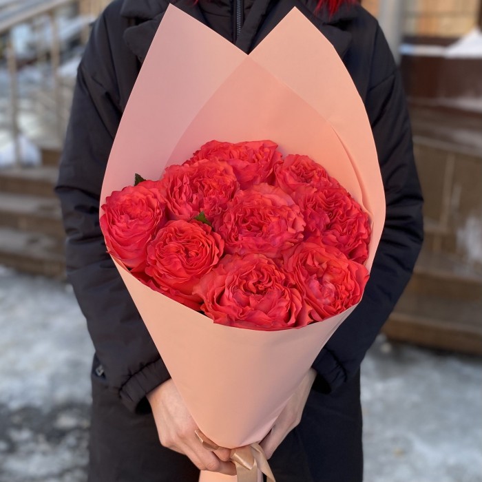 9 пионовидных красно-коралловых роз Корал Рива