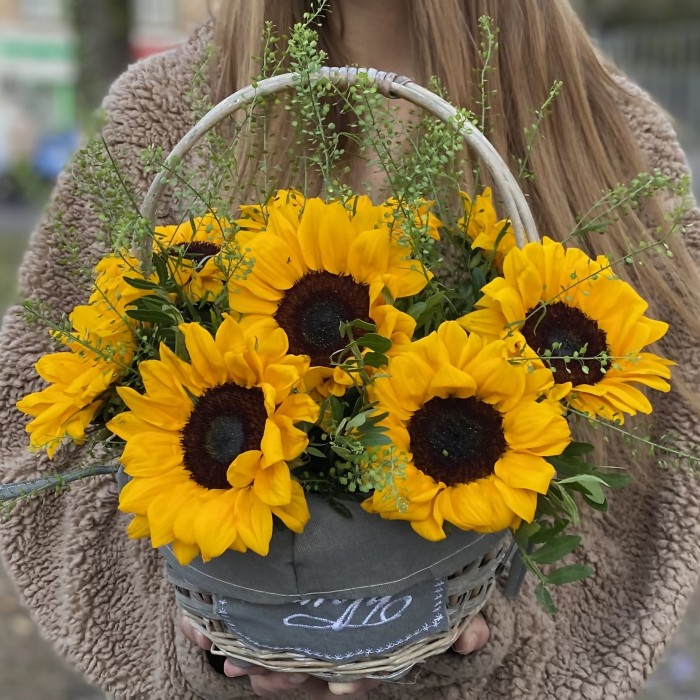9 подсолнухов с гринбеллом в корзине