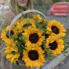 9 подсолнухов с гринбеллом в корзине