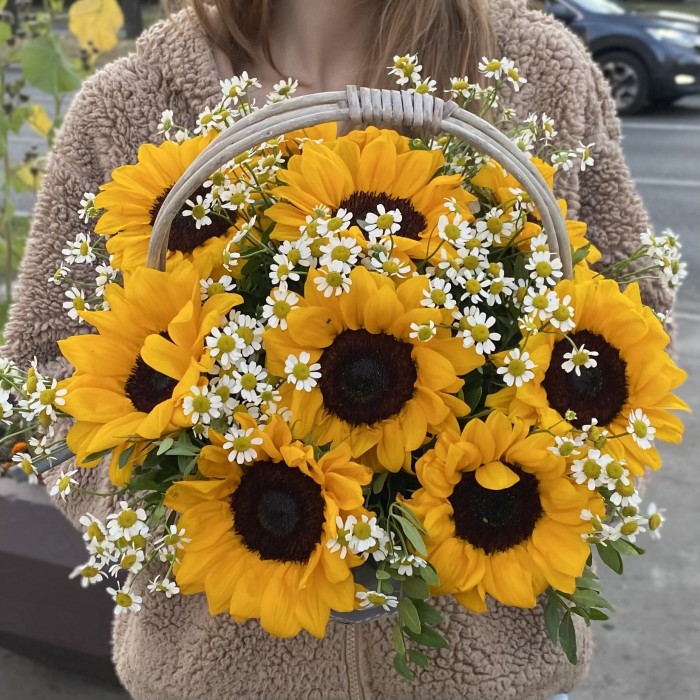 9 подсолнухов с ромашками в корзине