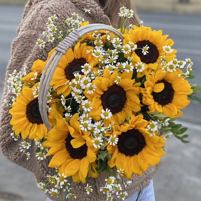 9 подсолнухов с ромашками в корзине