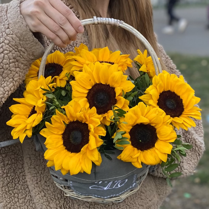 9 подсолнухов в корзине