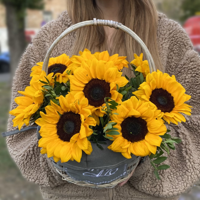 9 подсолнухов в корзине