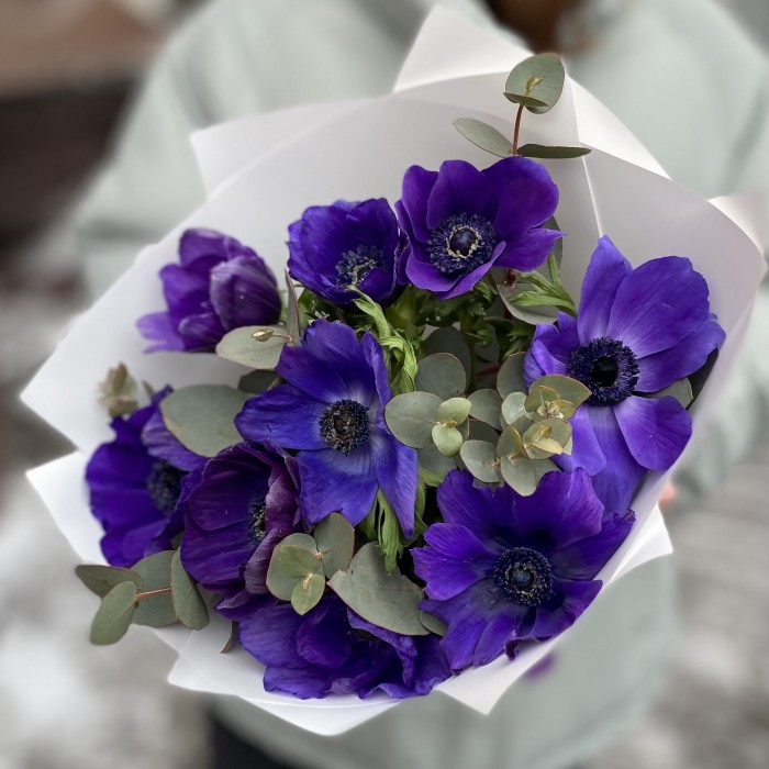 9 синих анемонов с эвкалиптом