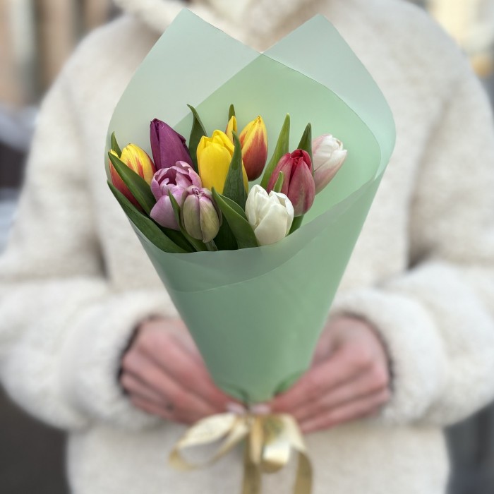 9 разноцветных тюльпанов в упаковке