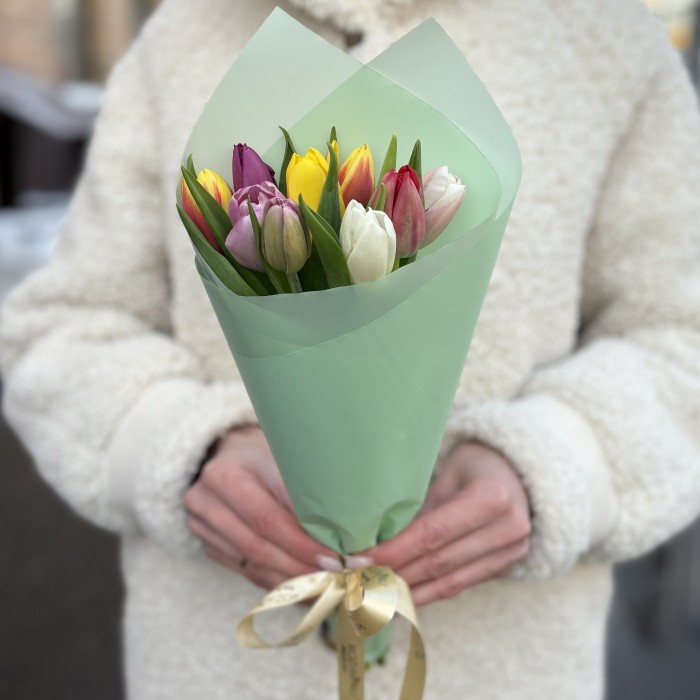 9 разноцветных тюльпанов в упаковке