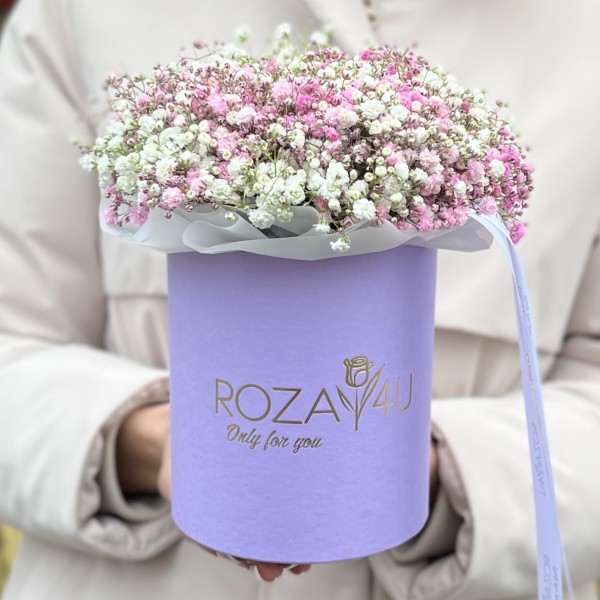 Белая и розовая гипсофила в коробке