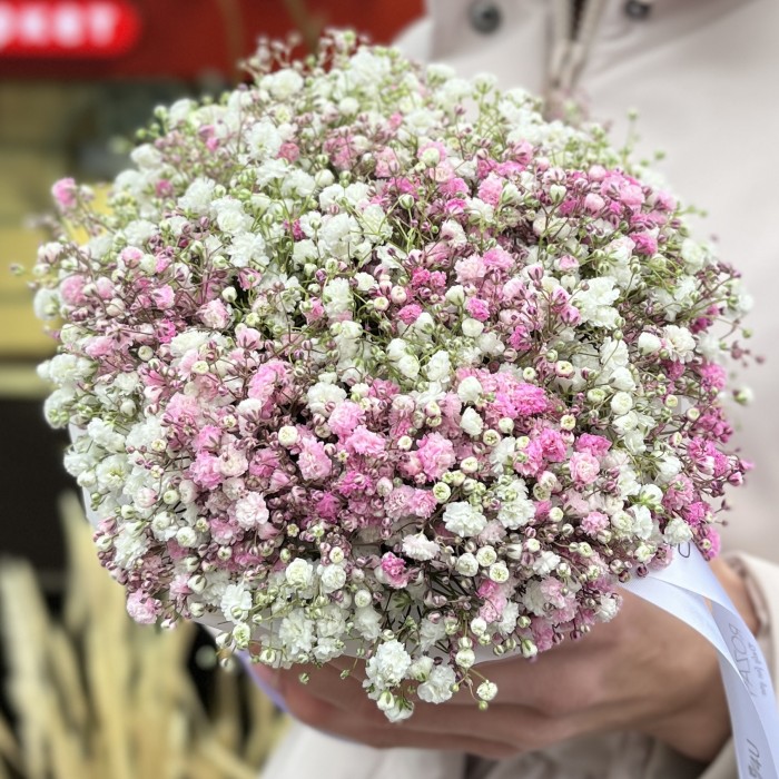 Белая и розовая гипсофила в коробке