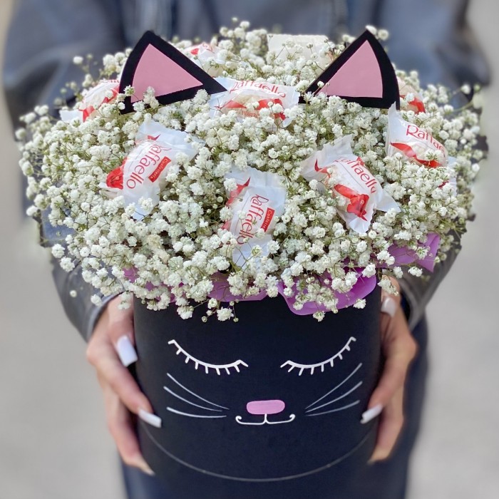 Белая гипсофила в коробке Кошечка с конфетами