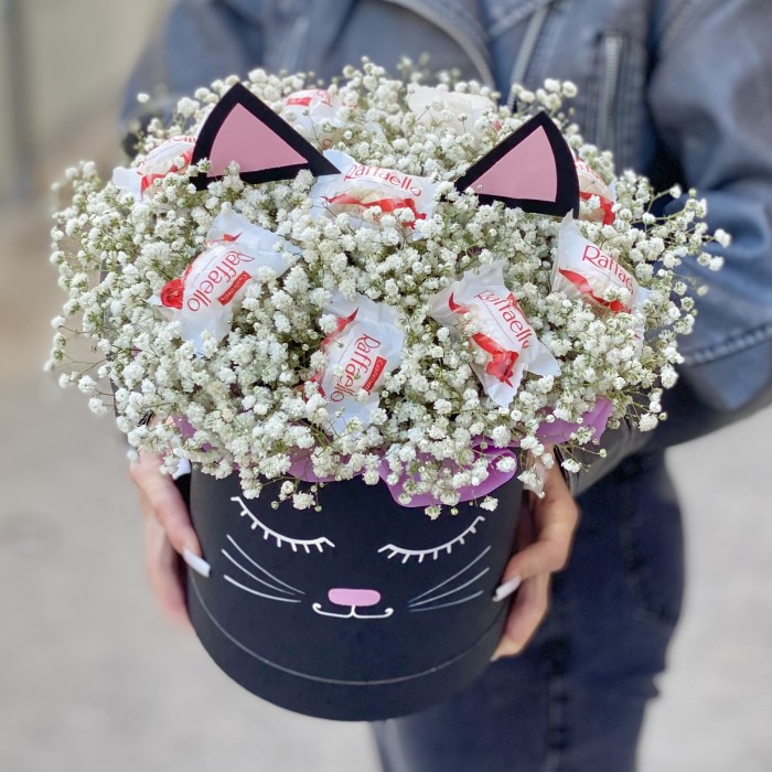 Белая гипсофила в коробке Кошечка с конфетами