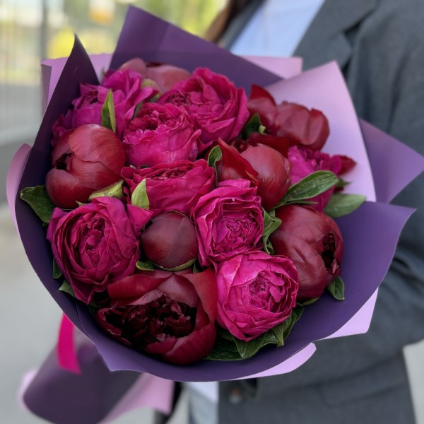 Букет из 15 малиновых пионов в упаковке