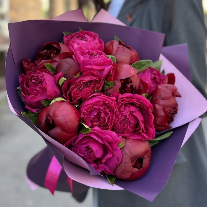 Букет из 15 малиновых пионов в упаковке