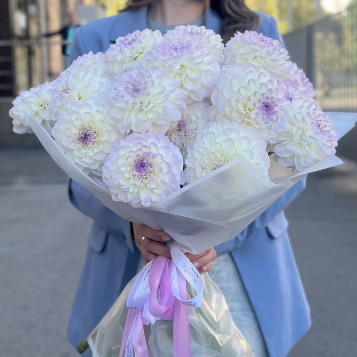 Букет из 21 бело-сиреневой георгины