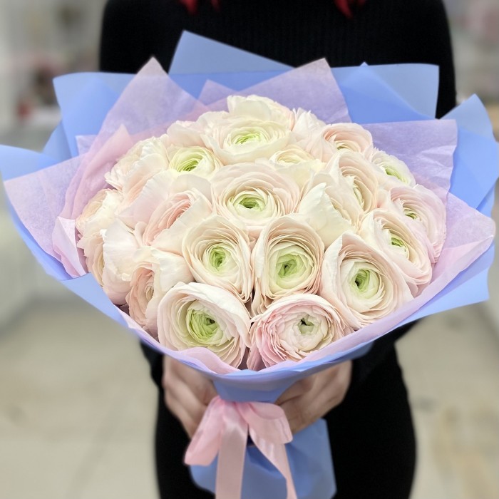 Букет из 25 бело-розовых ранункулюсов Ханой
