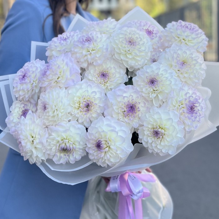 Букет из 25 бело-сиреневых георгин