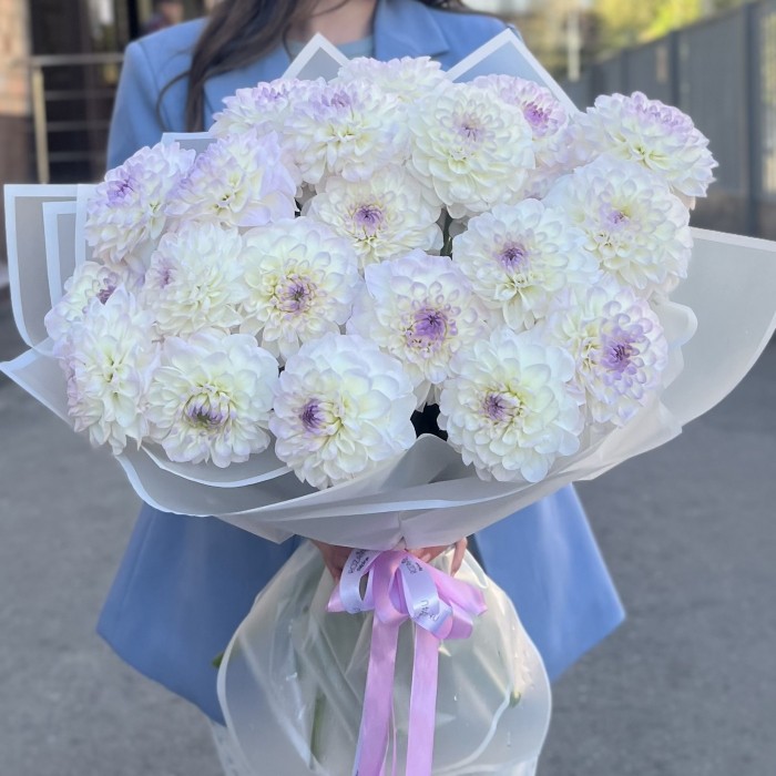 Букет из 25 бело-сиреневых георгин