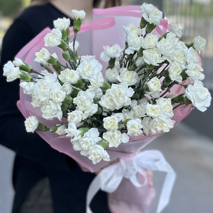 Букет из 25 белых кустовых гвоздик