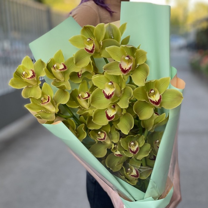 Букет из 3 веток зеленых орхидей Цимбидиум