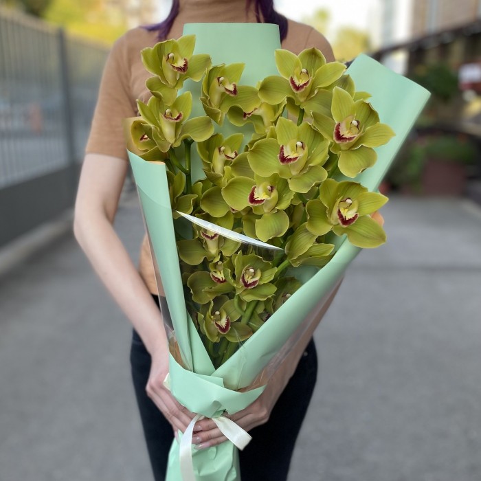 Букет из 3 веток зеленых орхидей Цимбидиум