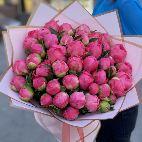Букет из 45 коралловых пионов