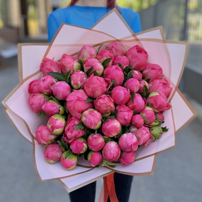 Букет из 45 коралловых пионов