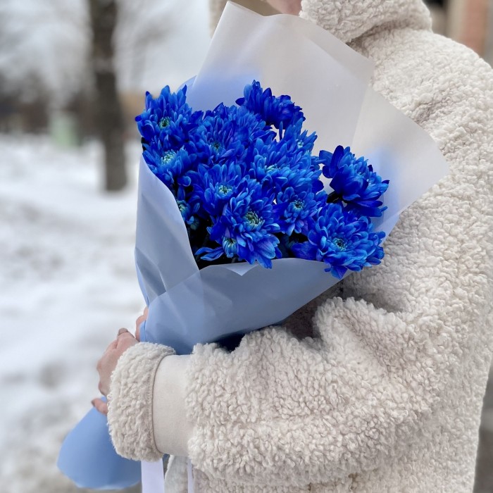 Букет из 5 синих кустовых хризантем