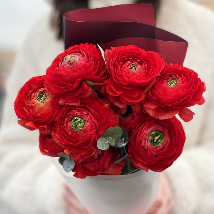 9 красных Ранункулюсов с эвкалиптом