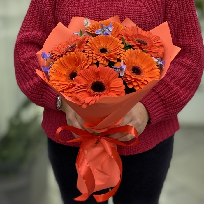 Букет из 7 оранжевых гербер с дельфиниумом