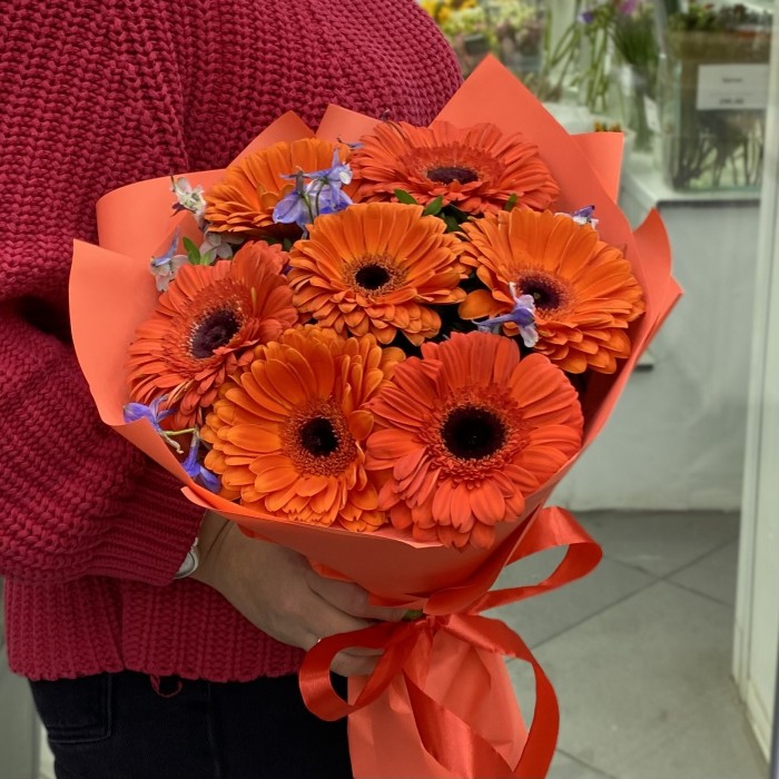 Букет из 7 оранжевых гербер с дельфиниумом